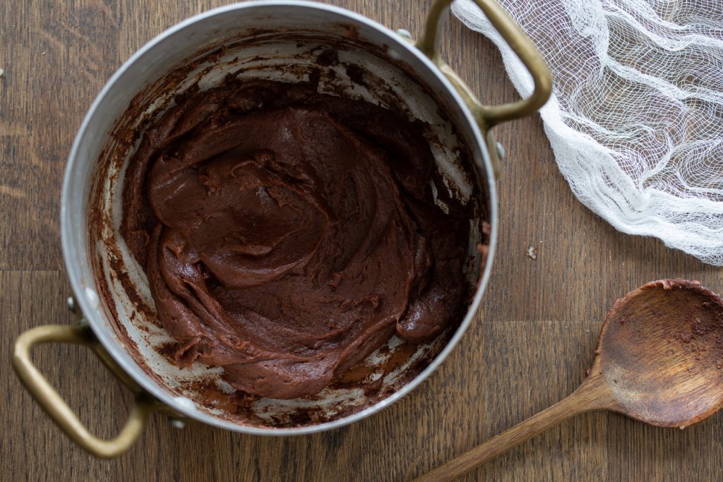 Cocoa choux pastry dough before piping.