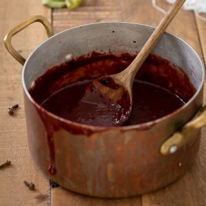 Blended plum jam with cocoa and cloves.