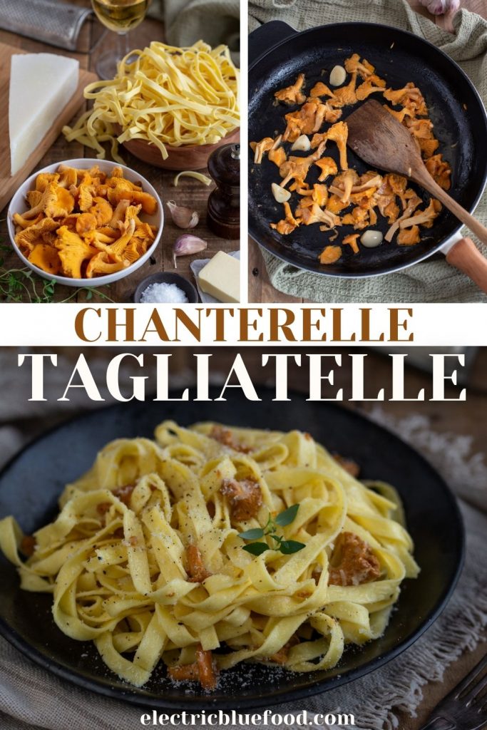 Delicious chanterelles and tagliatelle sautéed in garlic butter with a splash of white wine and a dusting of grated pecorino romano.