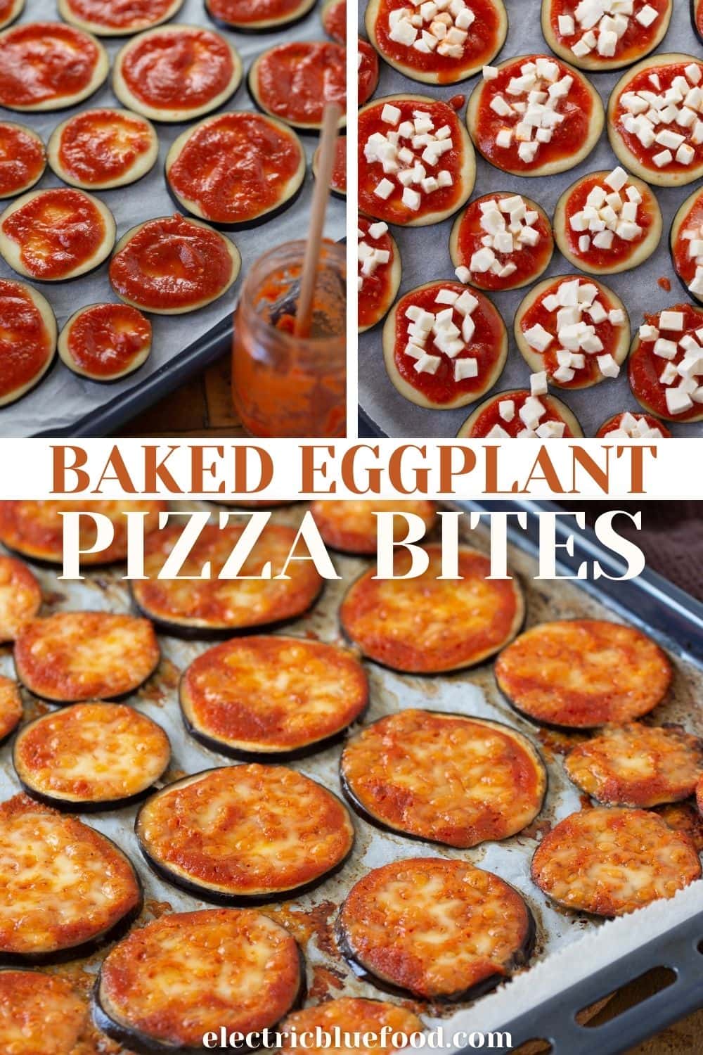 Baked eggplant pizza bites are low-carb pizza on eggplant slices. Topped with homemade tomato sauce and fresh mozzarella, the perfect pizza flavoured snack.