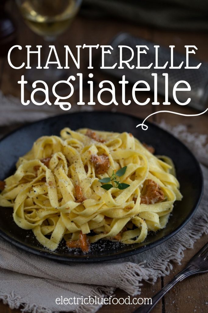 Delicious wild mushroom pasta made with chanterelles and tagliatelle. The sauce is made with butter, garlic and white wine, and the dish is finished with grated pecorino romano.
