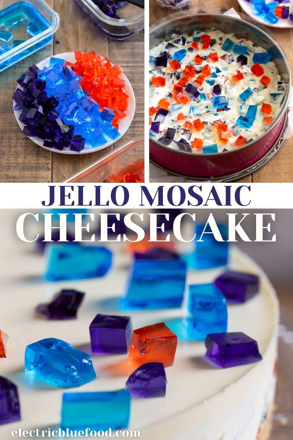 Mosaic Cheesecake with jello is a beautiful no-bake cheesecake with a stained glass pattern. Colorful jello folded into cheesecake filling creates a broken glass effect that makes every slice a surprise. Top with jello dice for a gemstone effect.