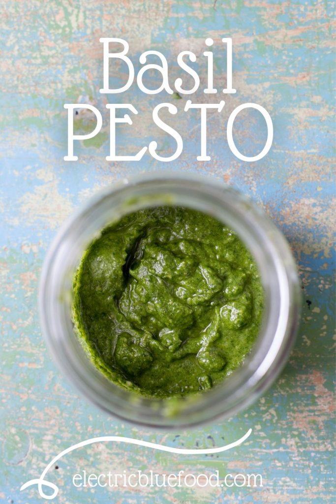 Easy immersion blender recipe to basil pesto. This is a small batch recipe that yields enough pesto for 3-4 portions of pasta.