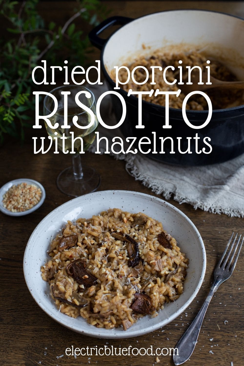 Mushroom risotto with dried porcini and chopped hazelnuts. Dried porcini are re-hydrated in water and used as main ingredient in this gourmet risotto recipe.