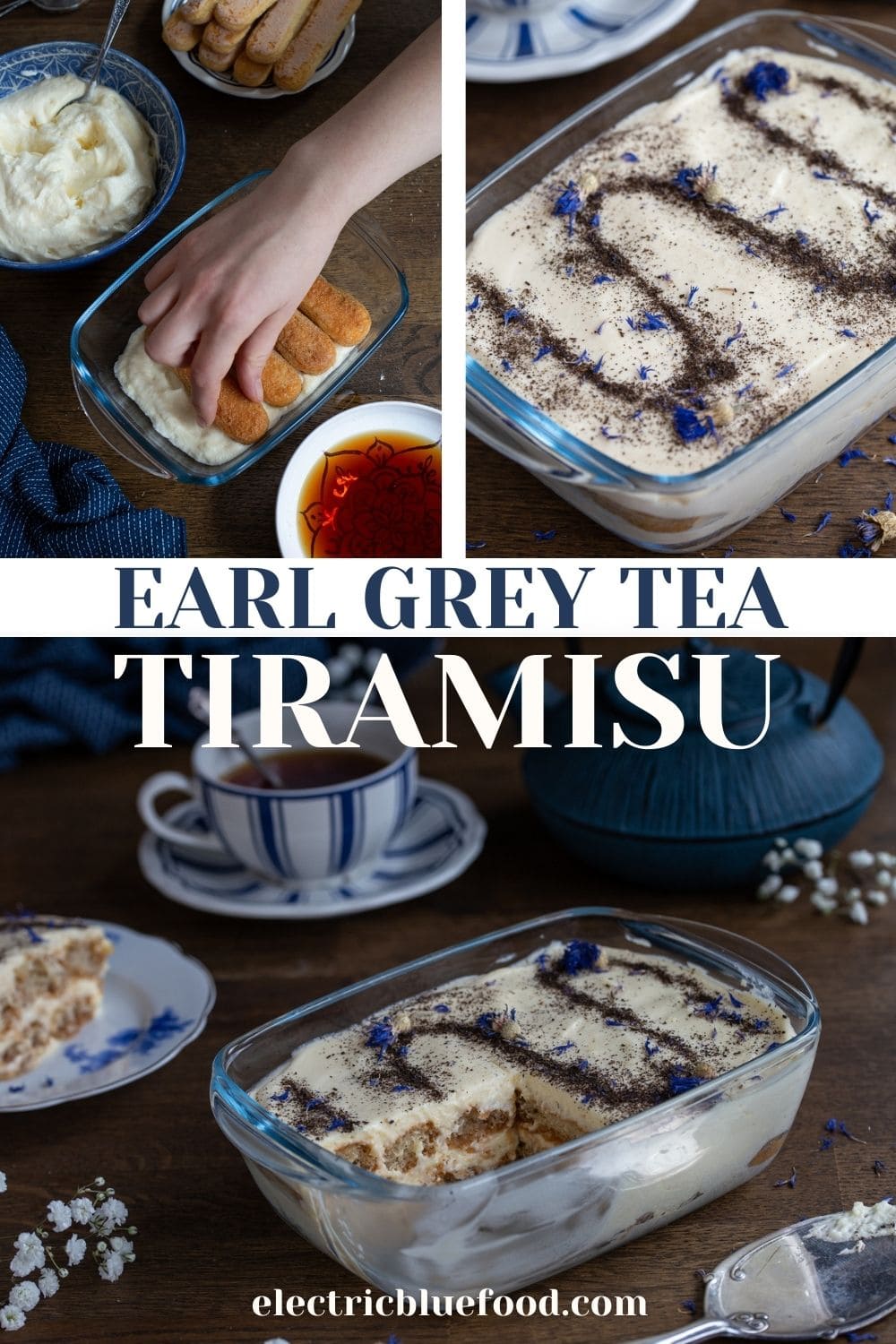 Classic tiramisu made with earl grey tea instead of coffee. This earl grey tiramisu is topped with powdered tea and cornflower petals instead of cocoa, for maximum tea flavour.