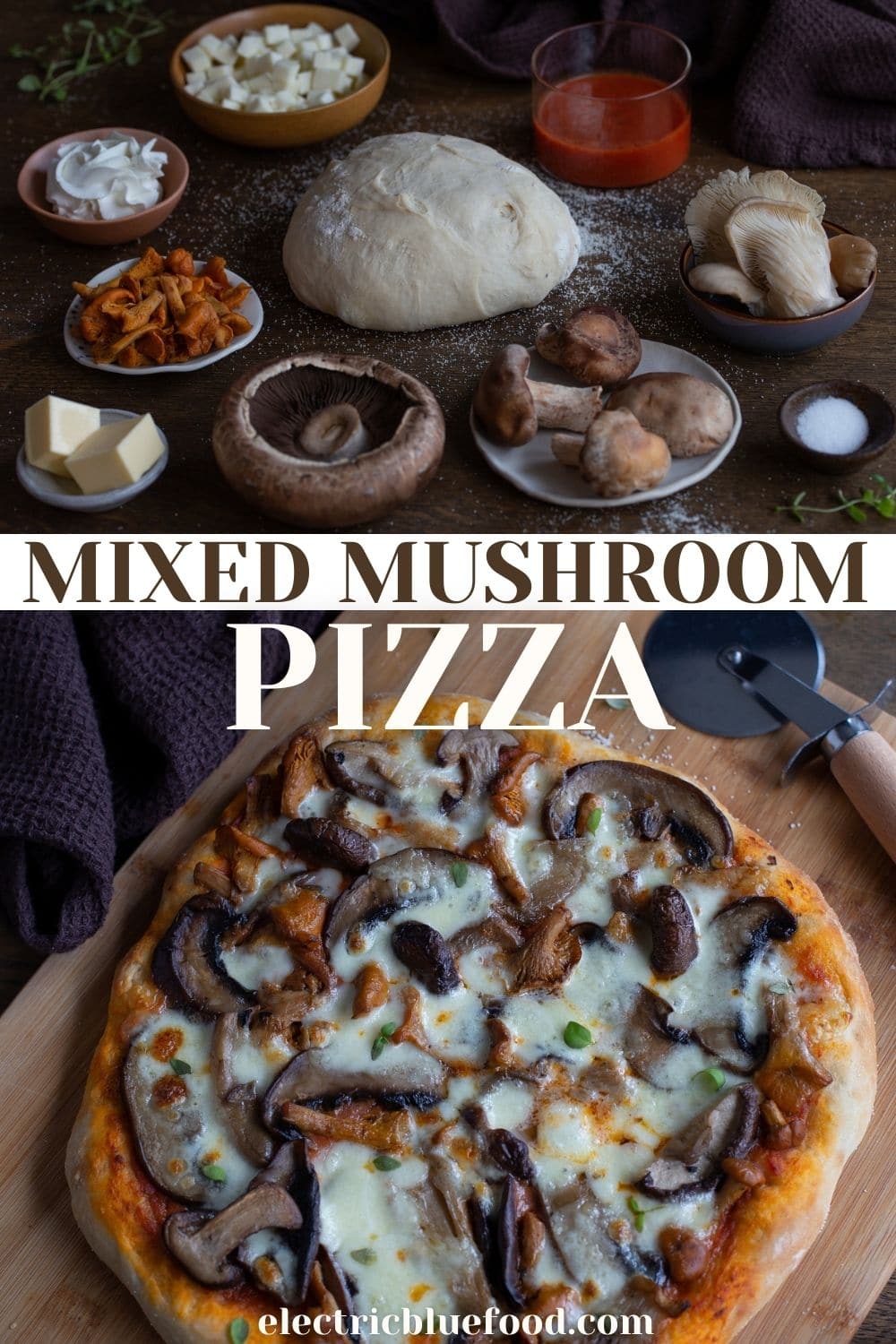 Mixed mushroom pizza with goat cheese swirls is a delicious vegetarian pizza that features 4 different types of mushrooms and a cute finish with piped fresh goat cheese.