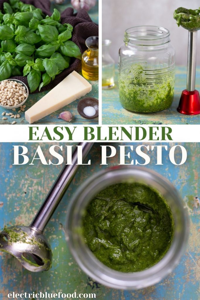 Easy immersion blender recipe to basil pesto. This is a small batch recipe that yields enough pesto for 3-4 portions of pasta.