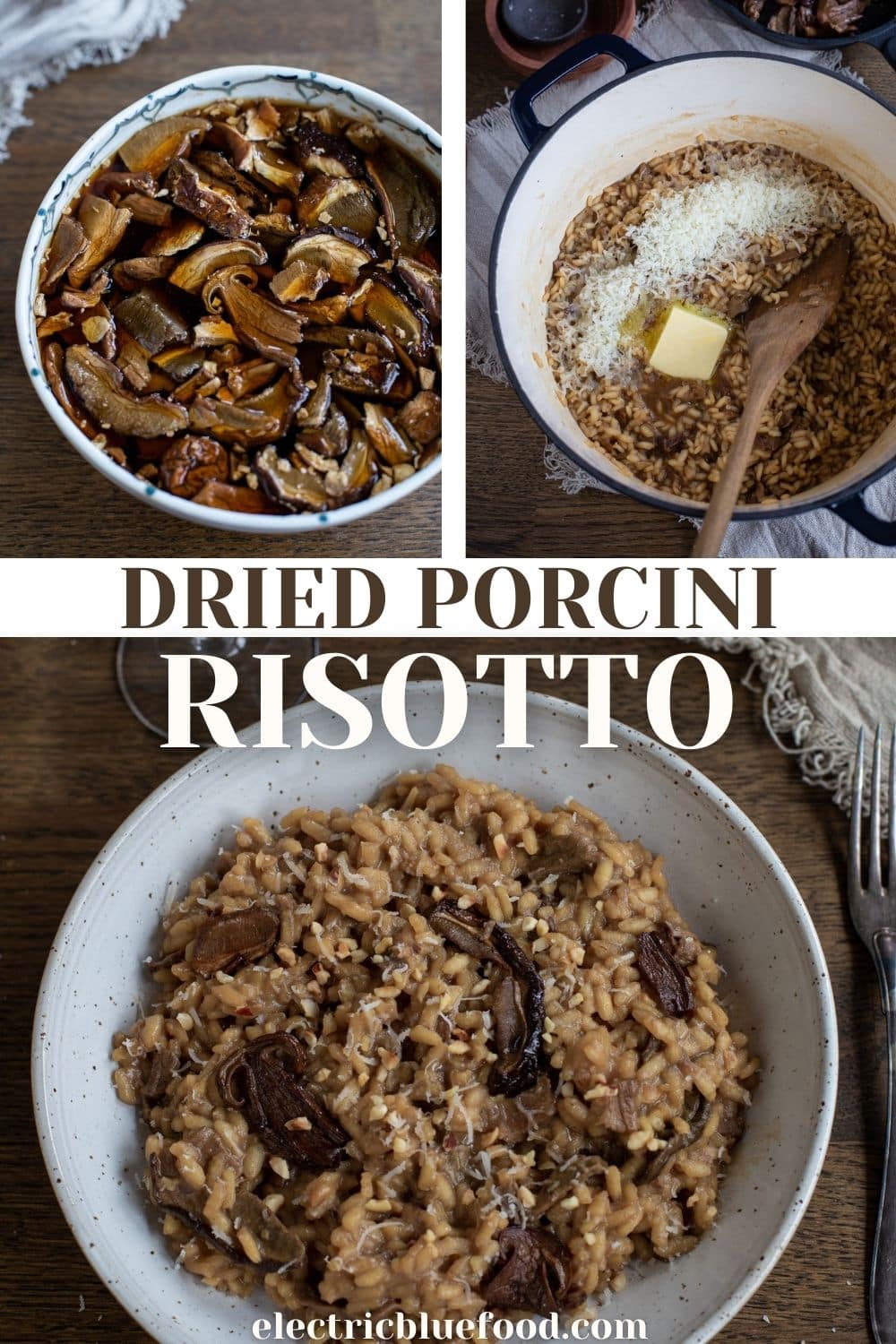 Mushroom risotto with dried porcini and chopped hazelnuts. Dried porcini are re-hydrated in water and used as main ingredient in this gourmet risotto recipe.
