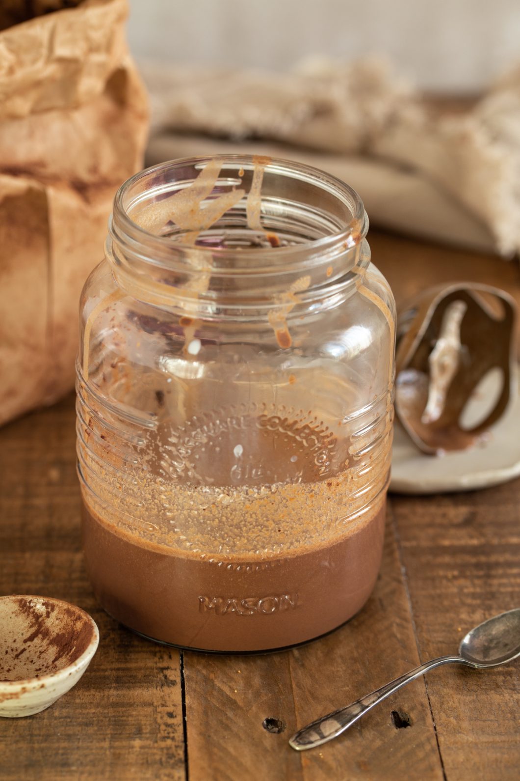 Hot chocolate in a mason jar.