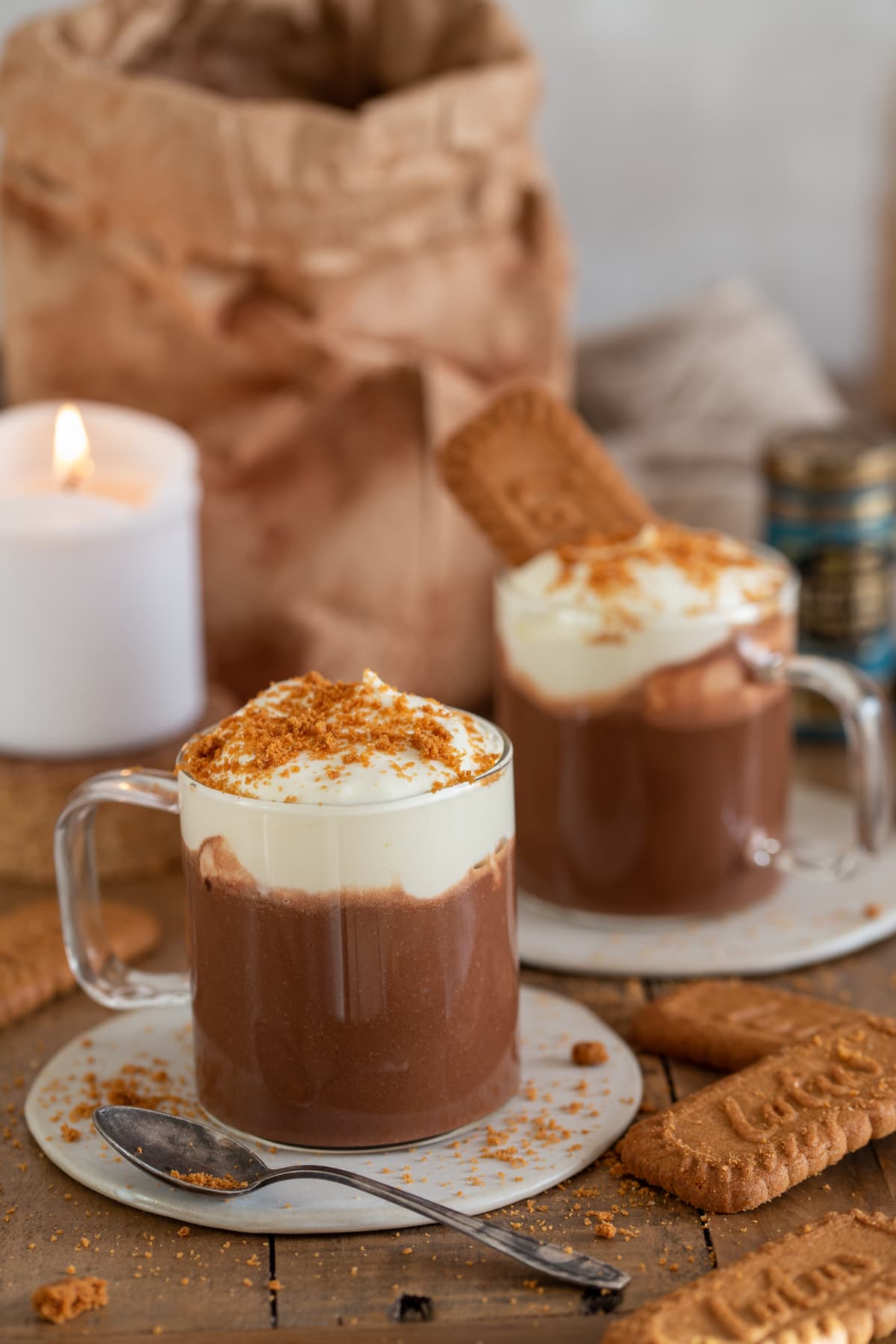 Lotus Biscoff hot chocolate served in glass mugs.