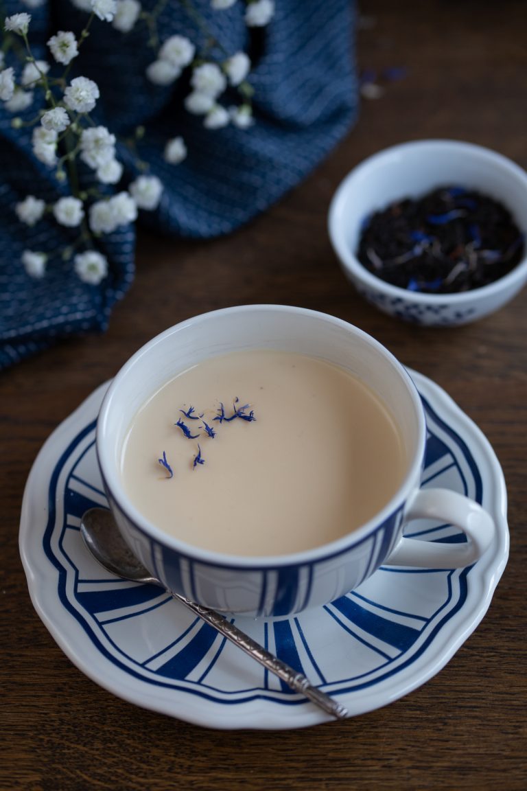 Earl Grey panna cotta topped with cornflower petals.