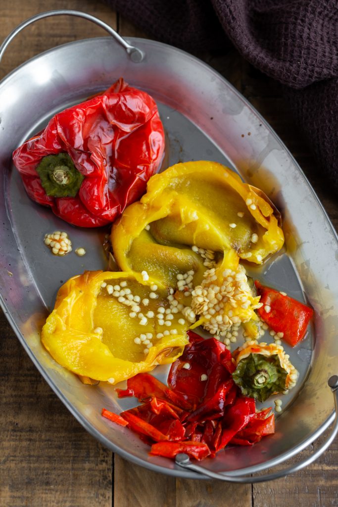Seeding and peeling peppers.