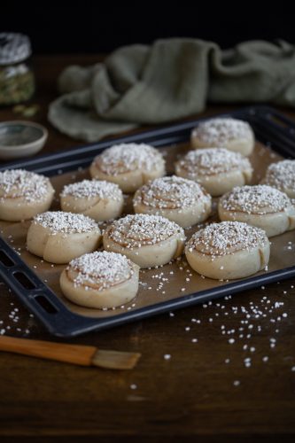 Pearl sugar added as topping to Swedish cinnamon buns.