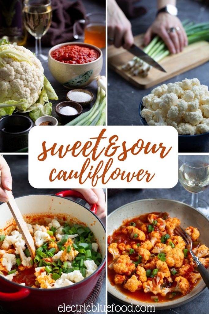 Sweet and sour cauliflower in tomato sauce pin for pinterest.