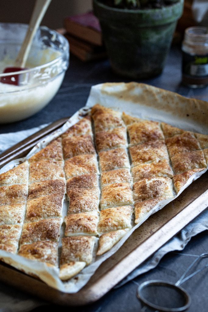 Baked puff pastry sheet to serve with mascarpone cream.
