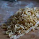 Closeup of handmade fettuccine pasta from scratch.