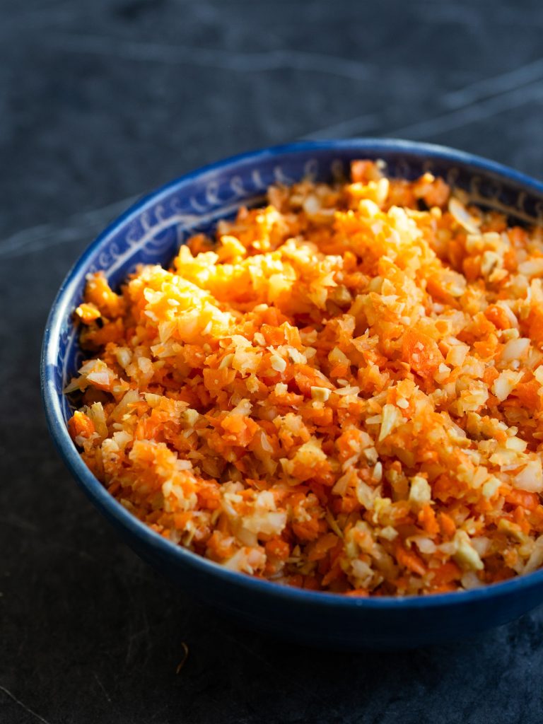 Minced carrot, onion and hazelnuts.