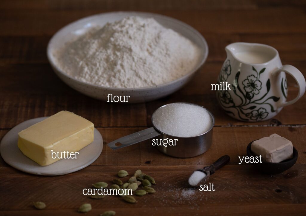 The ingredients needed to make semla buns.