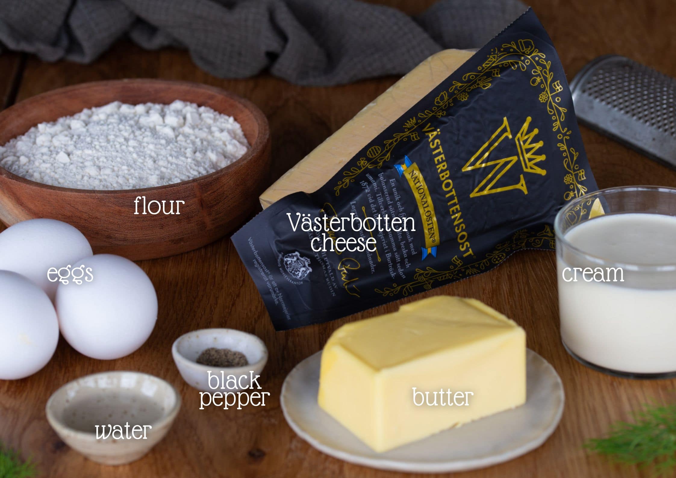 Swedish cheese pie ingredients.