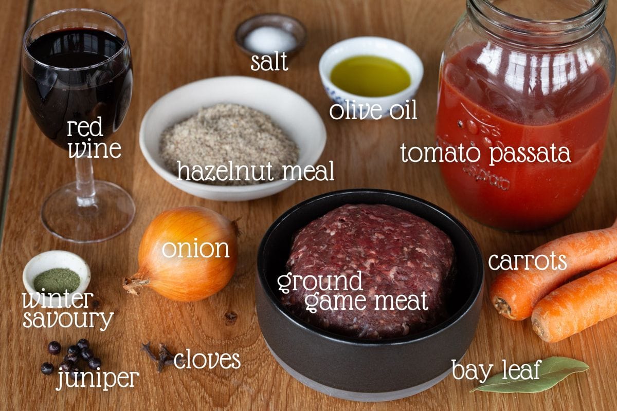 Game meat ragu ingredients.