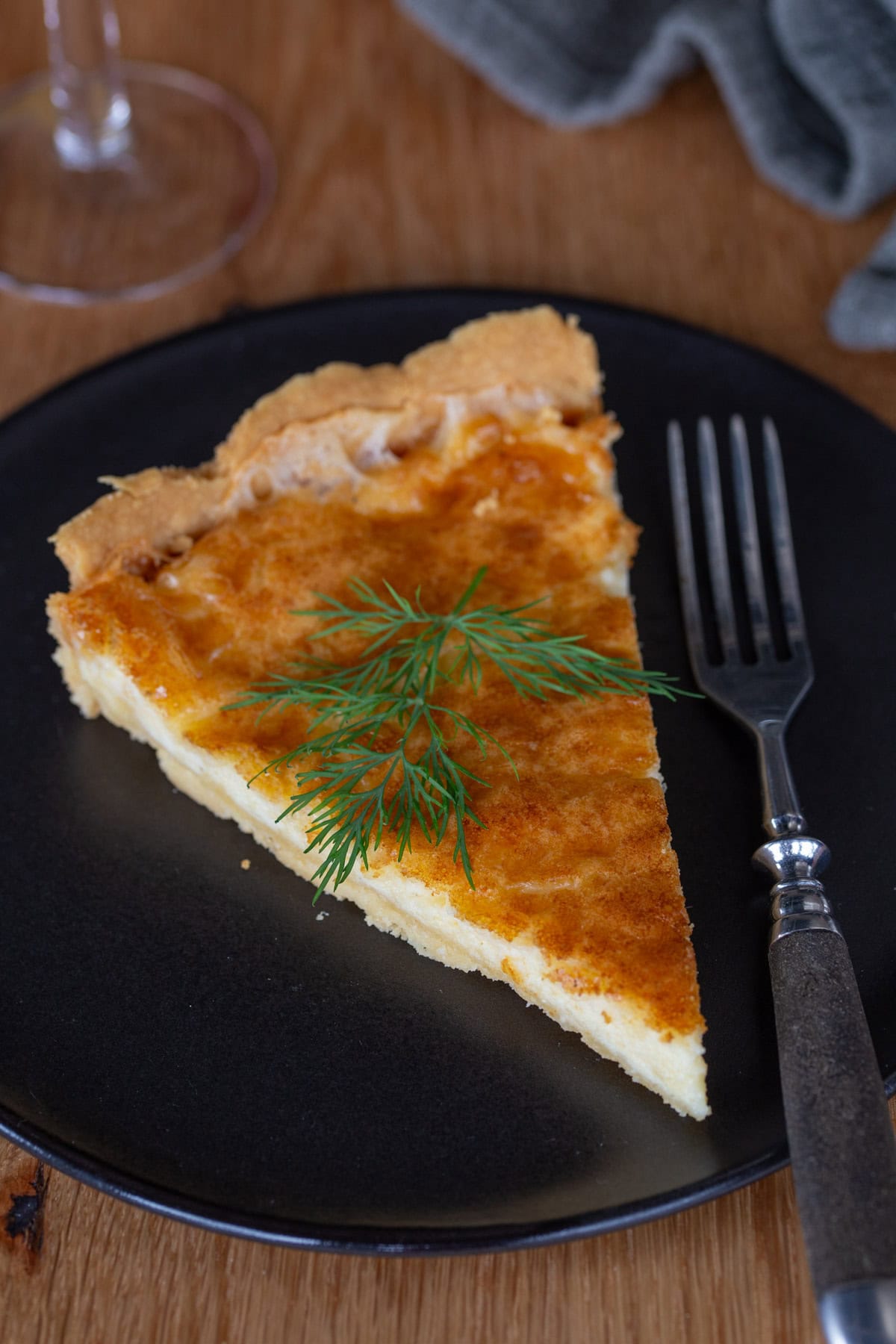 Closeup of Swedish cheese pie slice.