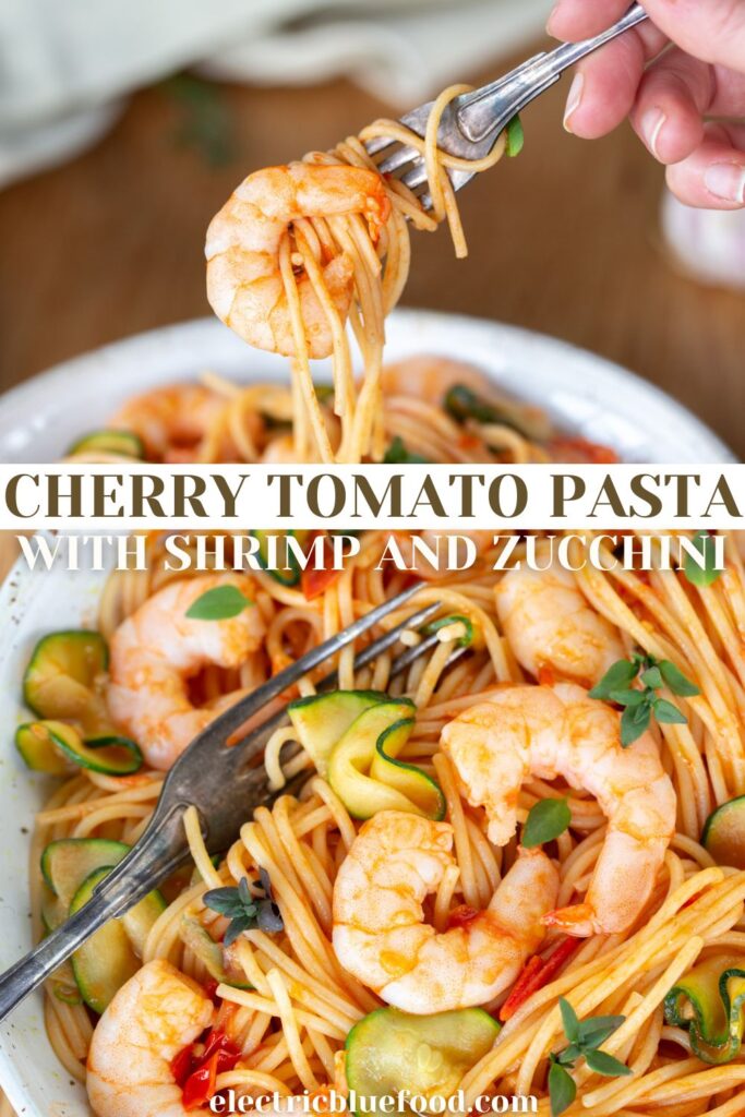 Cherry tomato pasta with shrimp and zucchini pin.