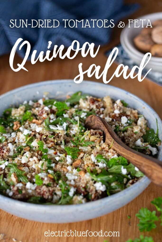 Quinoa salad with sun-dried tomatoes, feta and walnuts pin.
