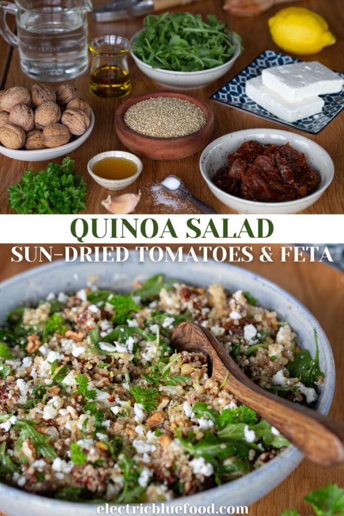 Quinoa salad with sun-dried tomatoes, feta and walnuts pin.