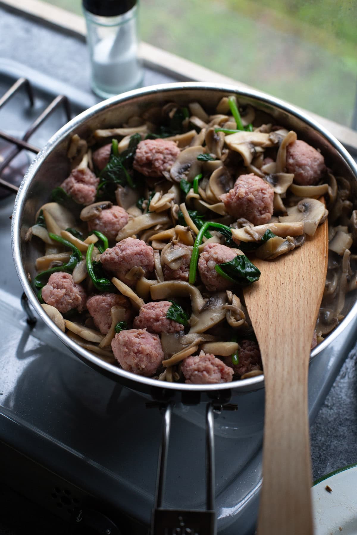 The prepared dish, on a camping stove.