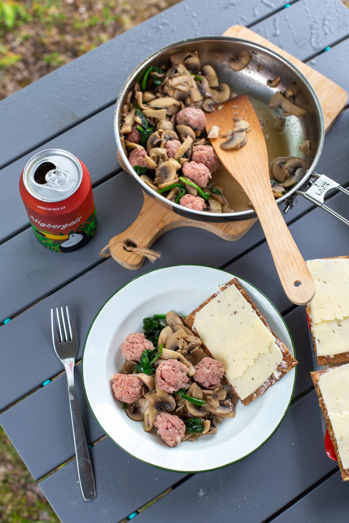 Overview from above of food on camping table.