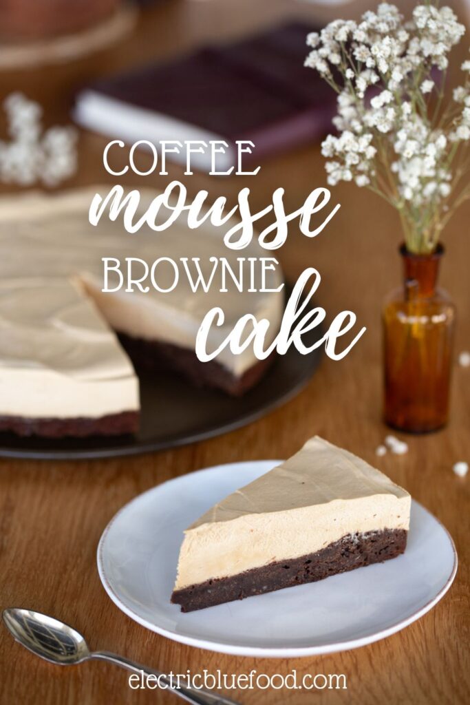 Coffee mousse cake on a chocolate brownie cake pin.