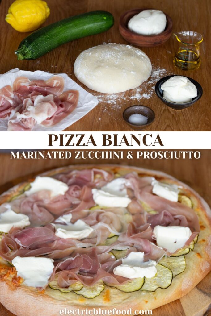 Pizza with marinated zucchini and prosciutto pin.