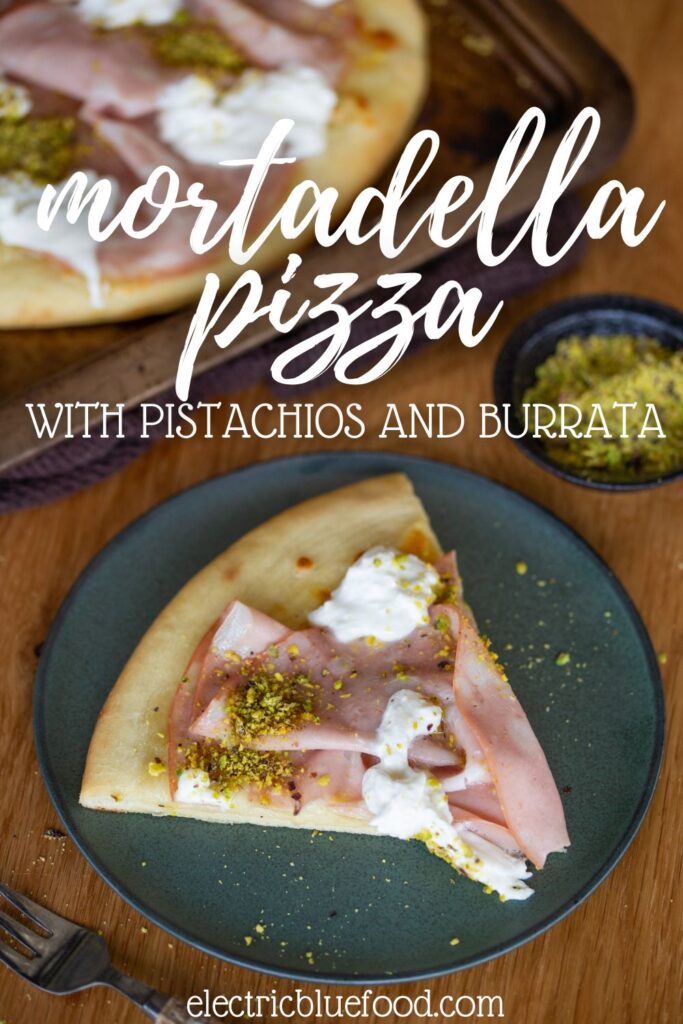 Mortadella pizza with pistachio and burrata pin.