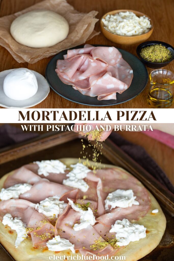 Mortadella pizza with pistachio and burrata pin.