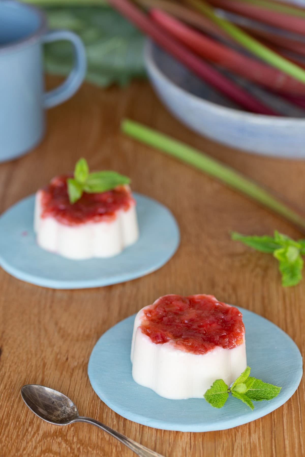 Rhubarb panna cotta topped with rhubarb compote.