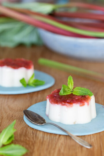 Rhubarb panna cotta topped with rhubarb compote.