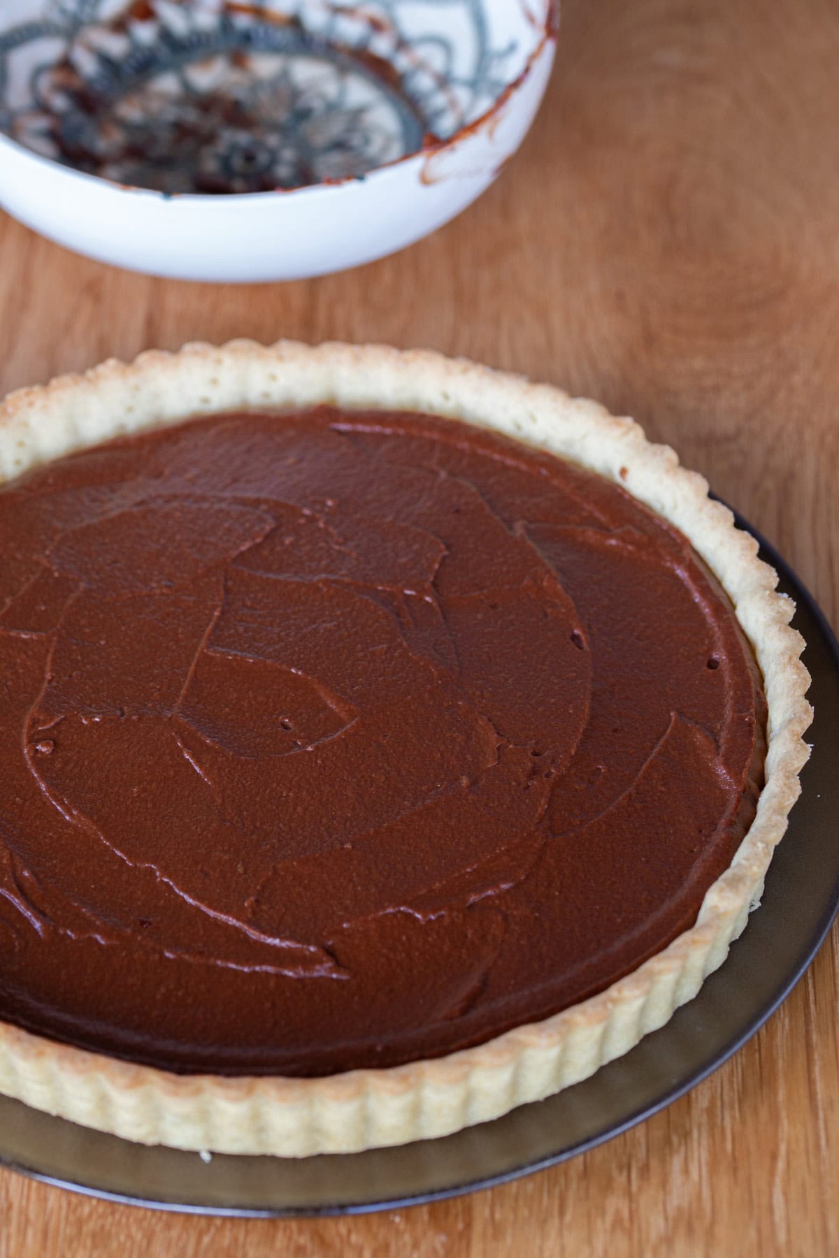 Chocolate sweet potato pie filling added to shortcrust shell.