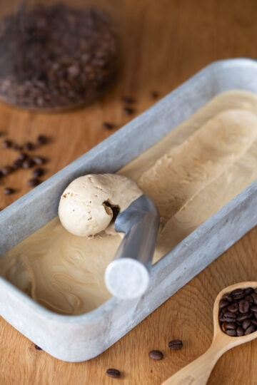 No-churn coffee ice cream being scooped.