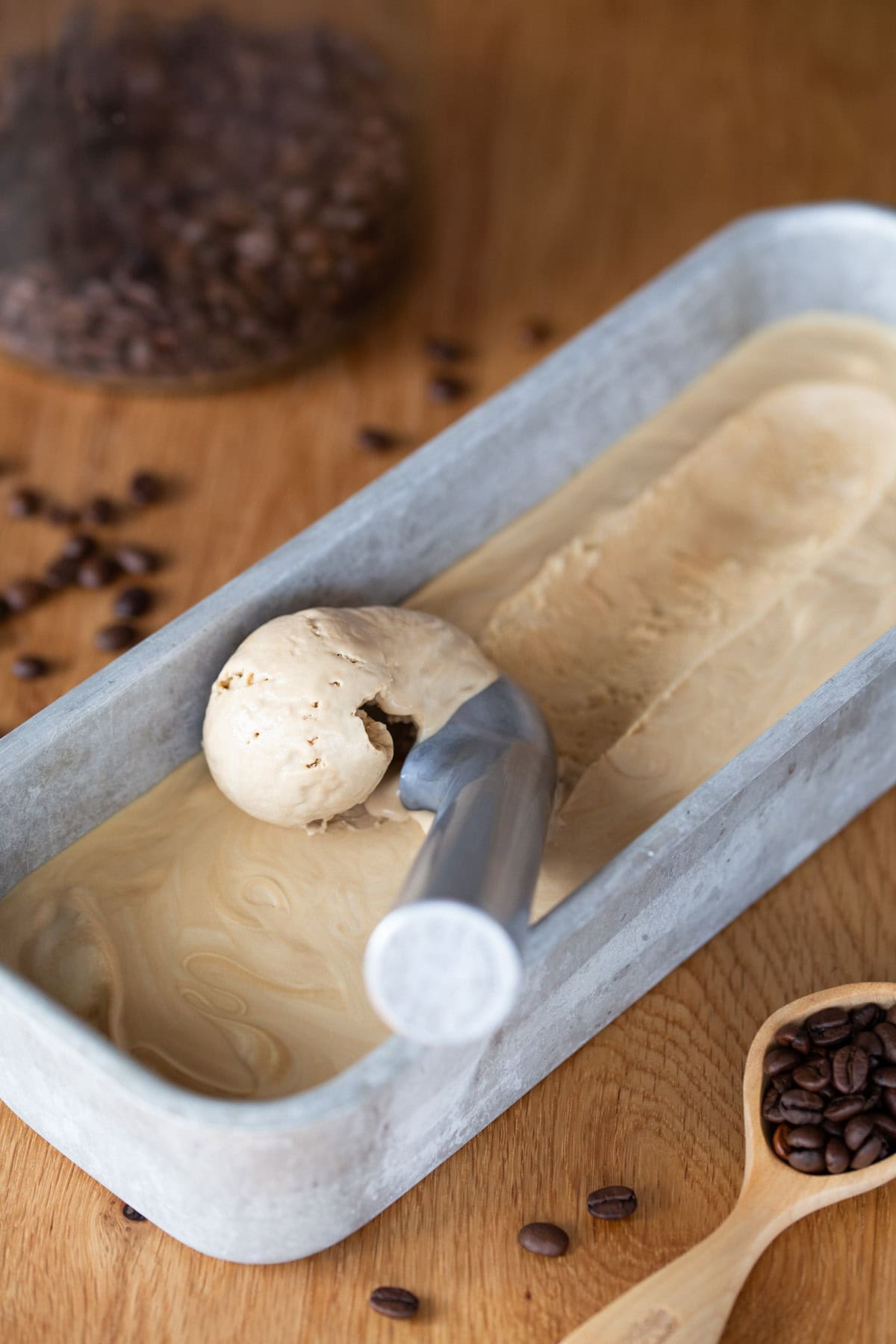 No-churn coffee ice cream being scooped.