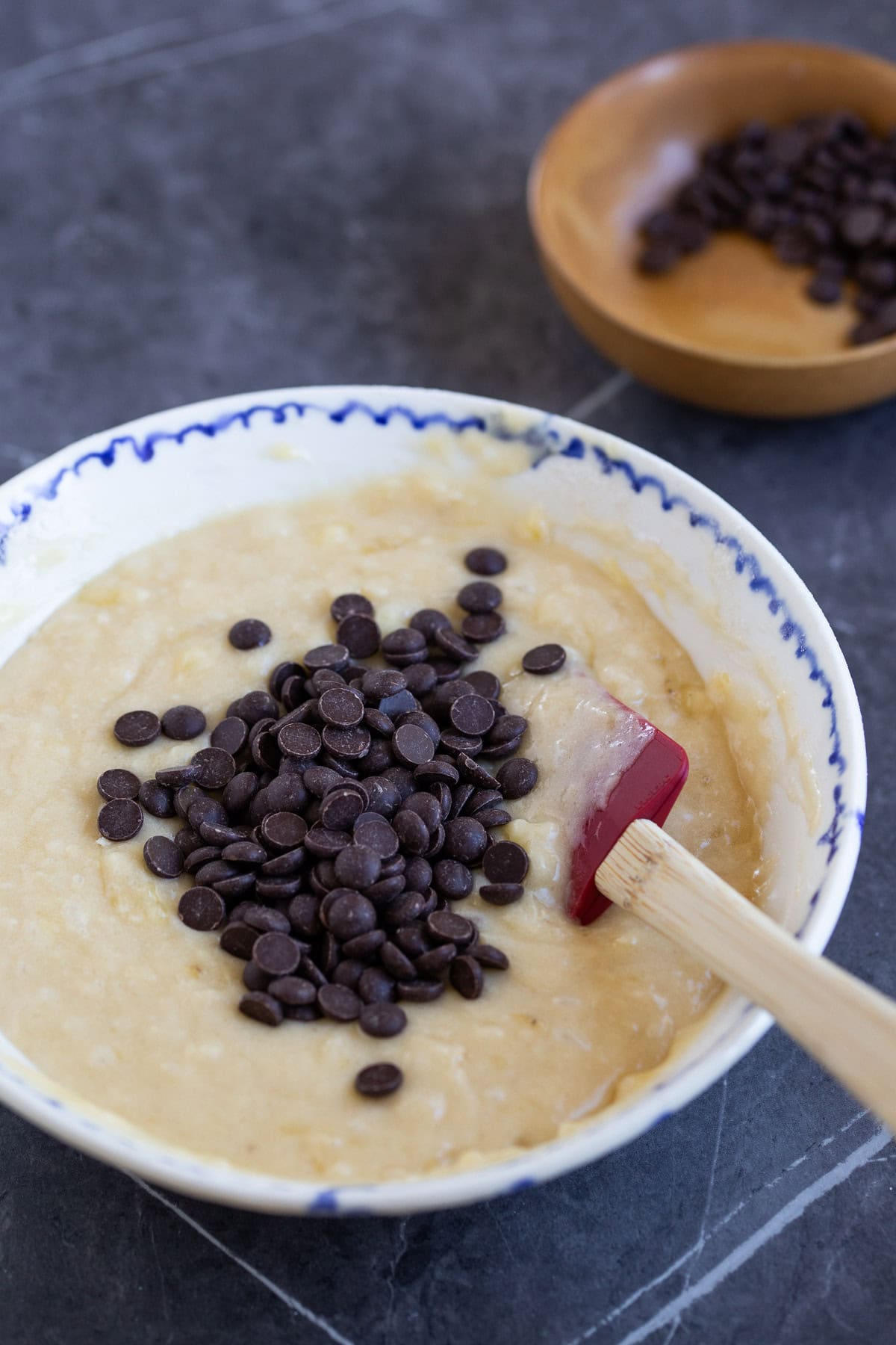 Chocolte chips added to cake batter.