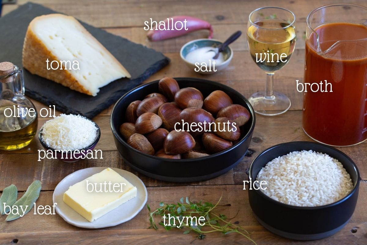 The ingredients needed to make chestnut risotto.
